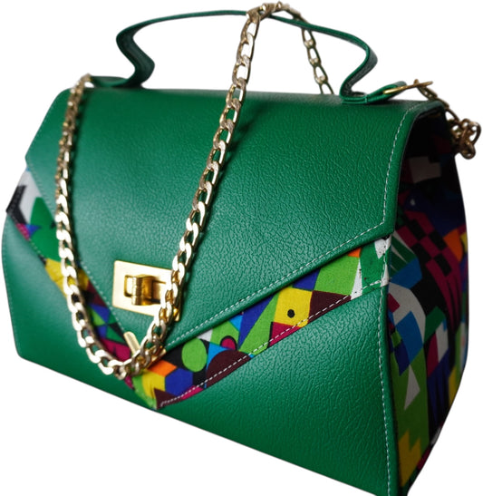 Emerald Dream: Green Faux Leather Handbag with Stunning Blue African Print – Limited Edition !