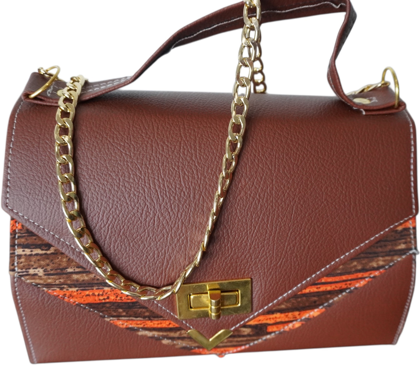 Earthy Elegance: Brown Faux Leather Handbag with Vibrant Blue African Print – Limited Edition !
