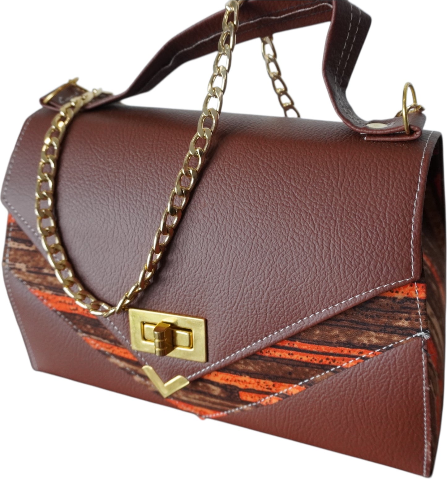 Earthy Elegance: Brown Faux Leather Handbag with Vibrant Blue African Print – Limited Edition !