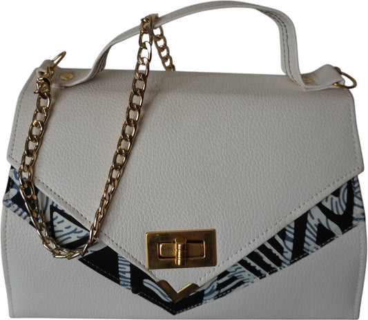 Ivory Waves: White Faux Leather Handbag with Stunning Blue African Print – Limited Edition!