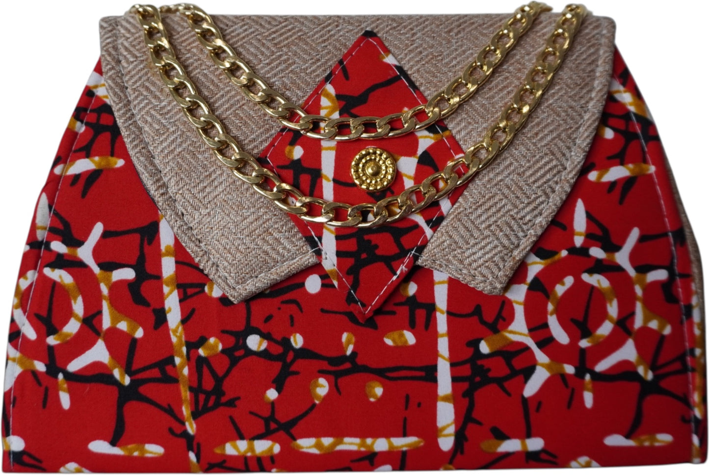 Crimson Canvas: Red and Beige Fabric Handbag with Striking African Print – Limited Edition !