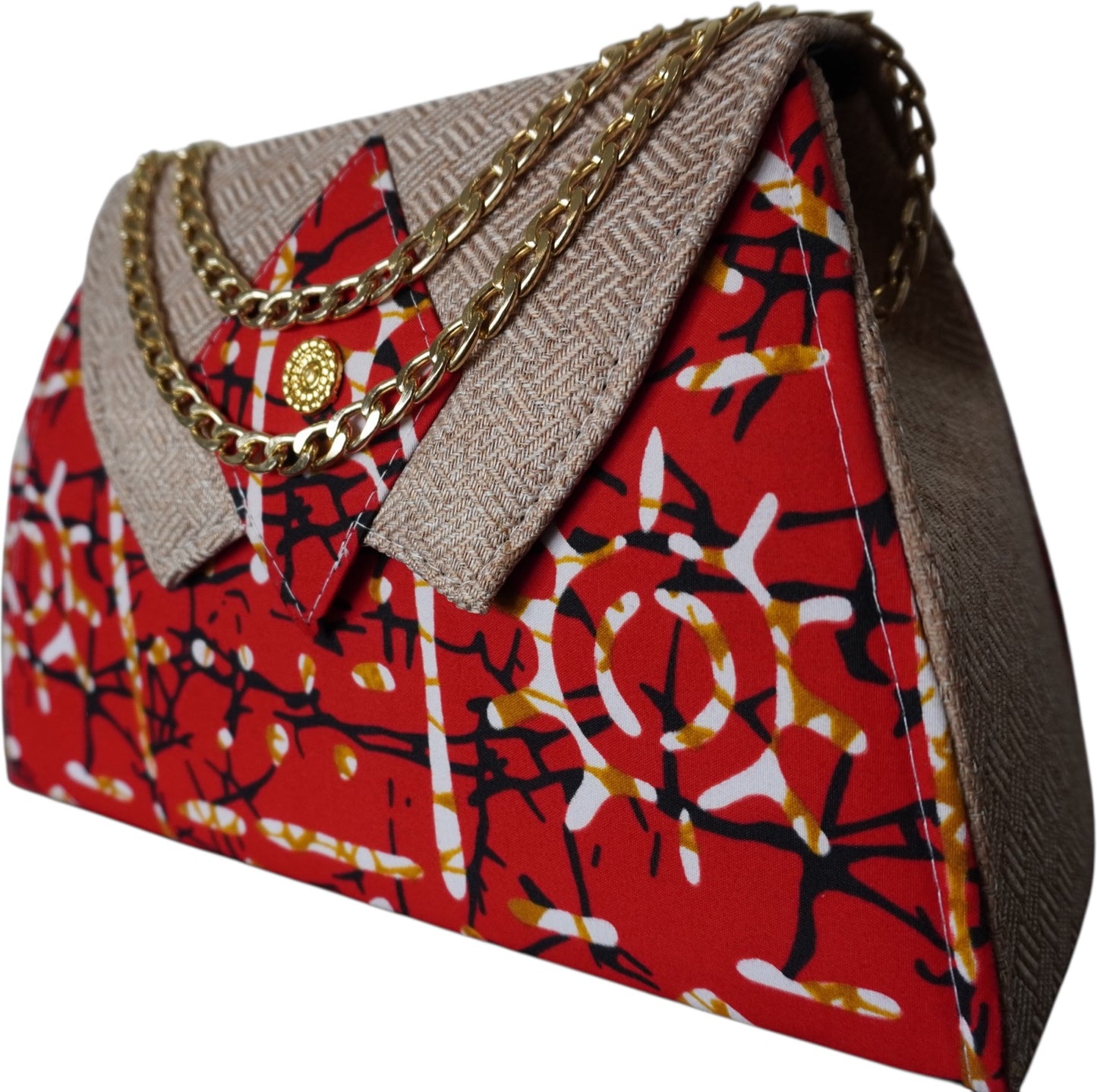 Crimson Canvas: Red and Beige Fabric Handbag with Striking African Print – Limited Edition !