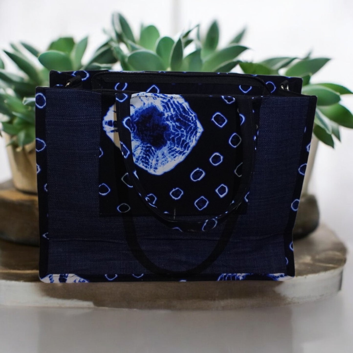 Elegant Handcrafted Blue Laptop Bag with a hat from Ivory Coast – Stylish & Durable Office & Travel Companion