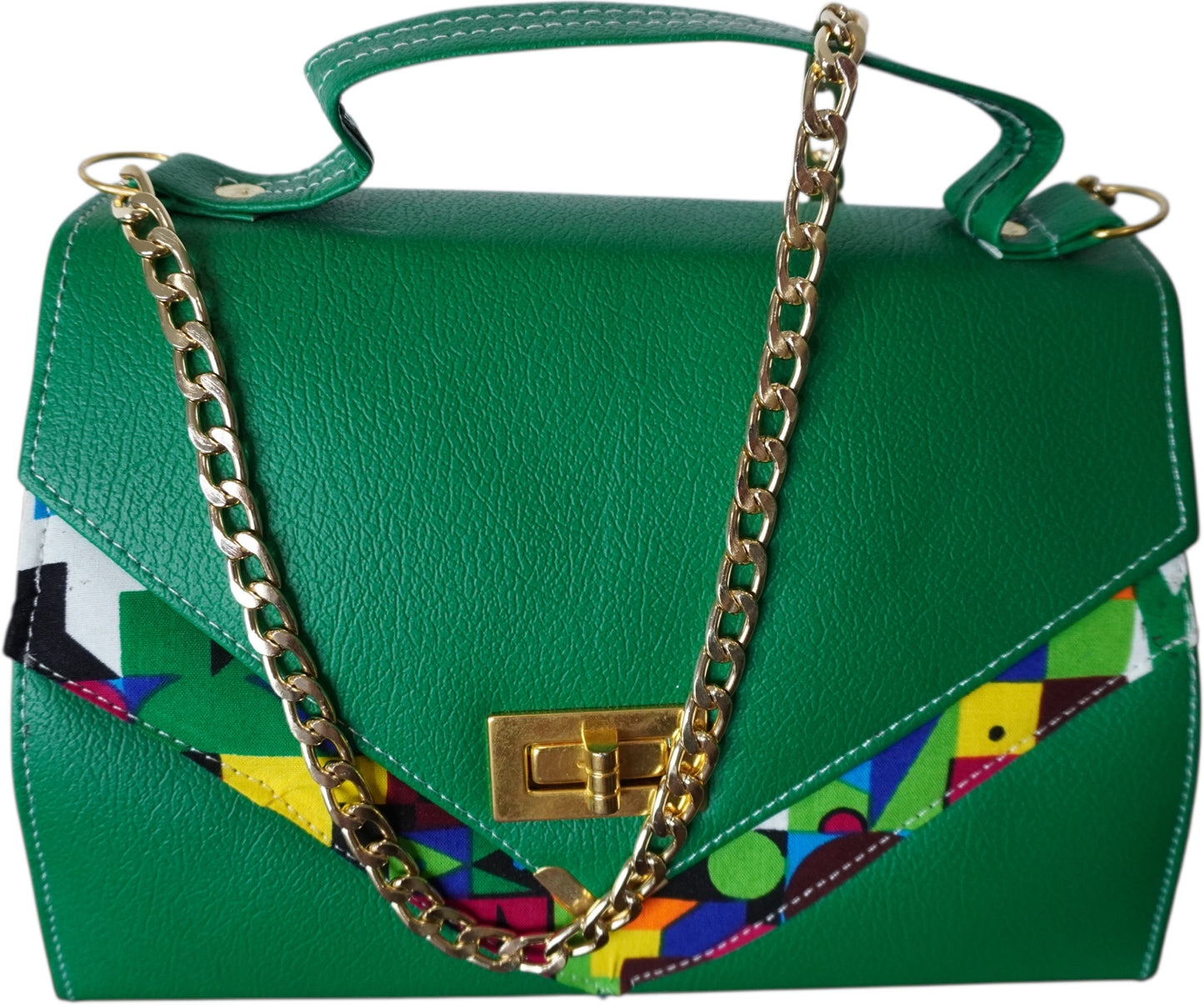 Emerald Dream: Green Faux Leather Handbag with Stunning Blue African Print – Limited Edition !