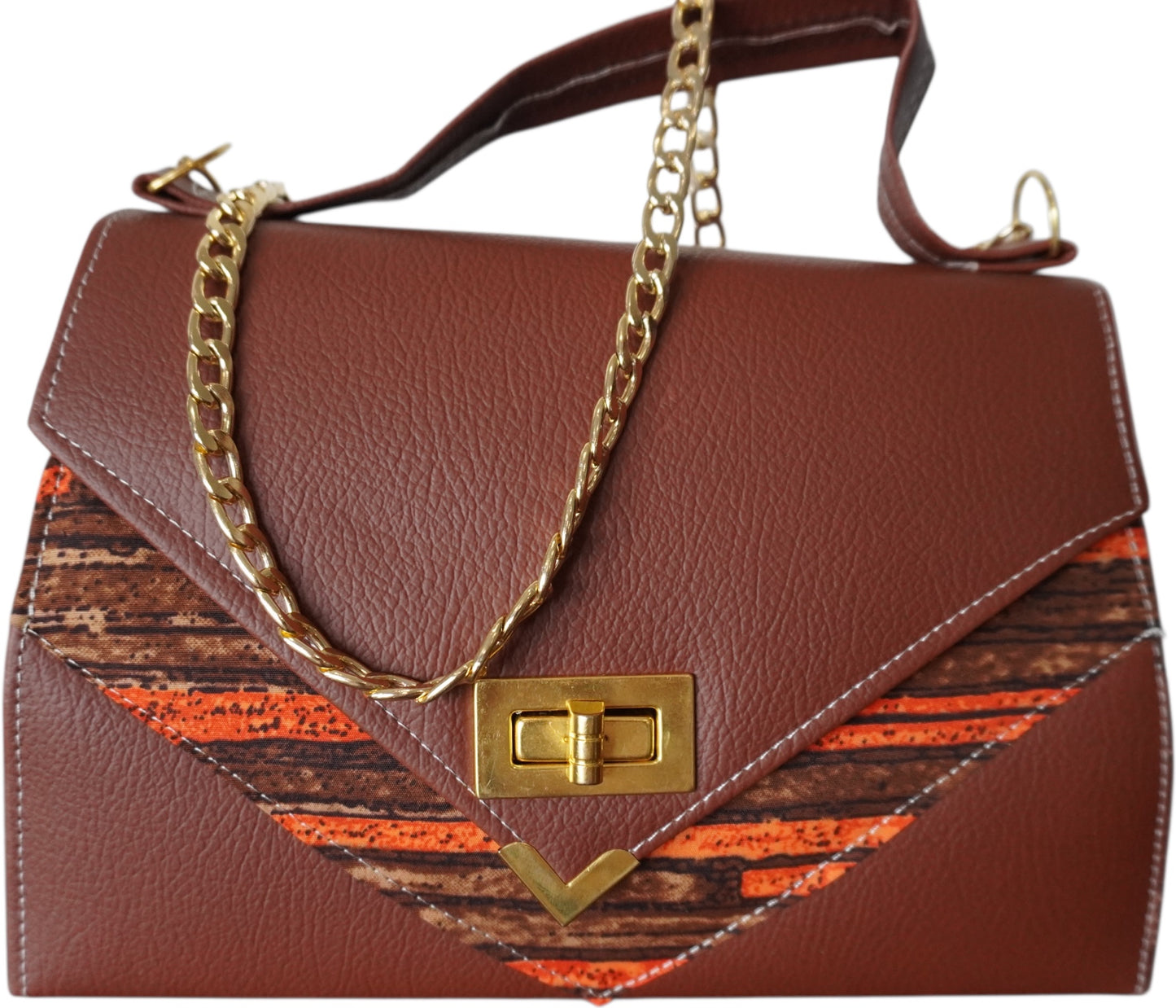 Earthy Elegance: Brown Faux Leather Handbag with Vibrant Blue African Print – Limited Edition !