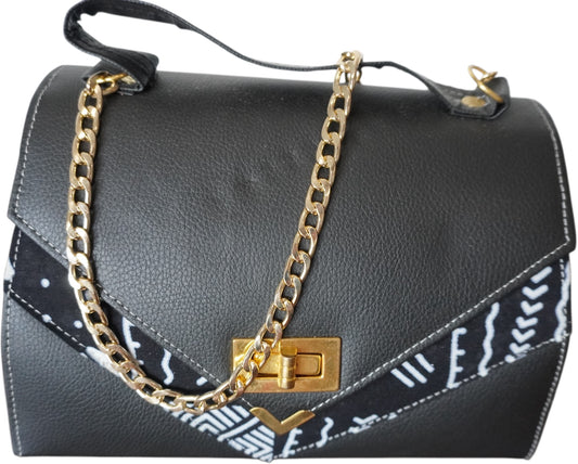 Noir Azure: Black Faux Leather Handbag with Vibrant Blue African Print – Limited Stock