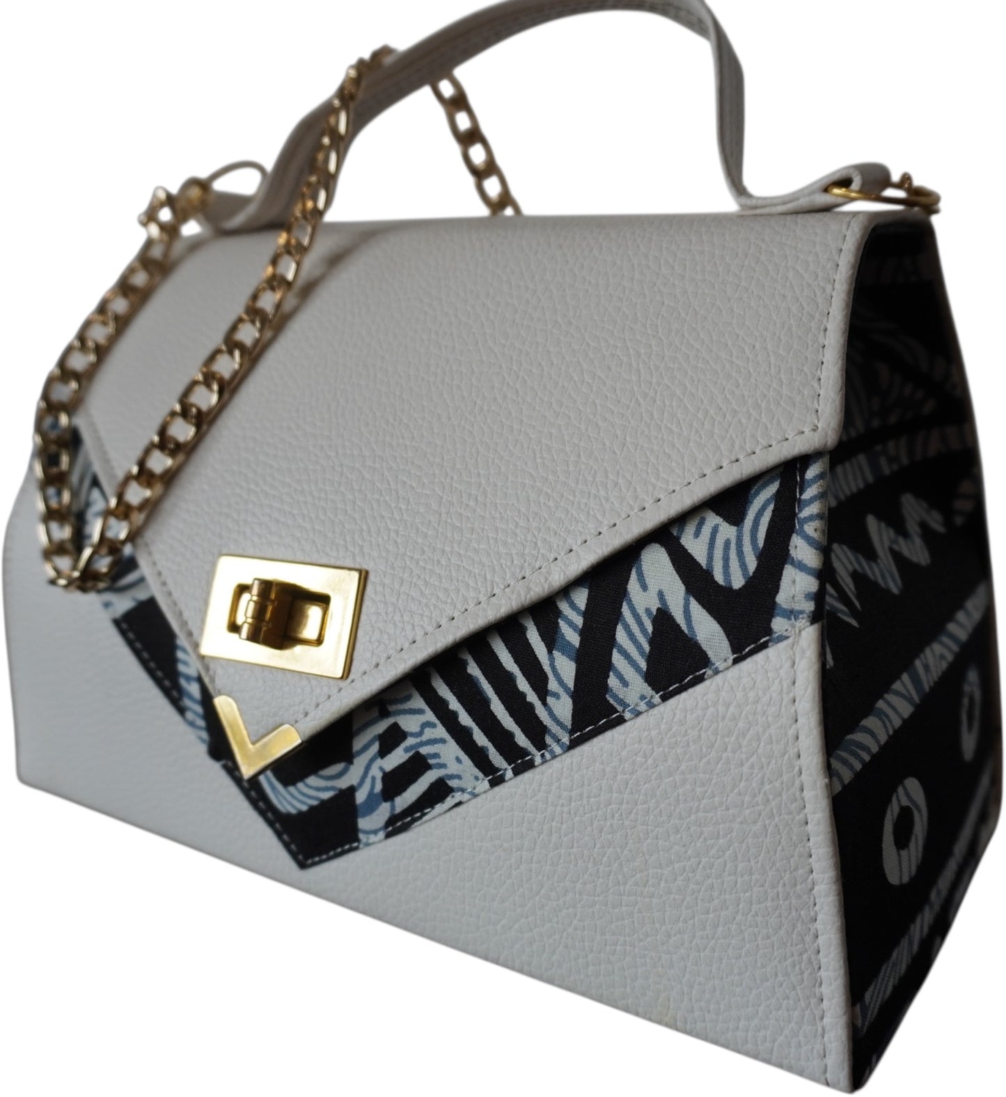 Ivory Waves: White Faux Leather Handbag with Stunning Blue African Print – Limited Edition!